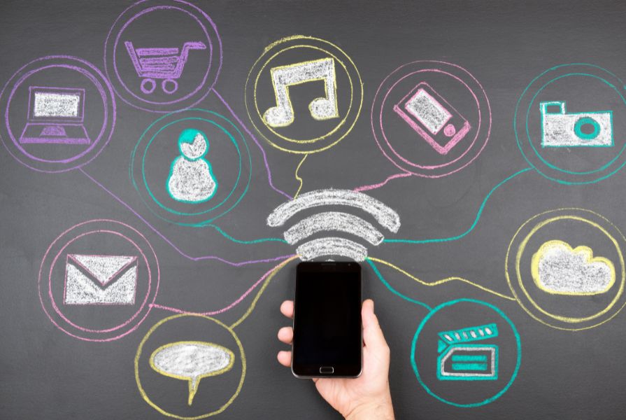 A chalk board with drawings in chalk of an envelope, music note, cloud, camera, trolley, message bubble and someone holding a mobile phone to a drawn wifi signal.